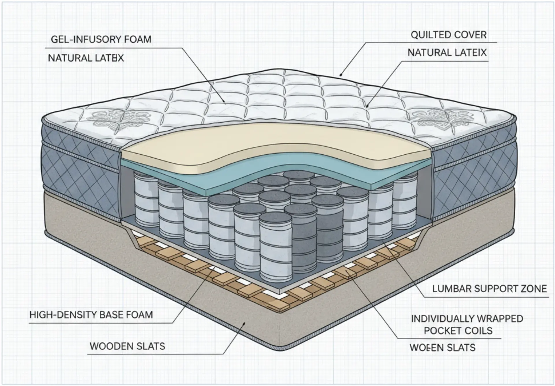 The cross section of a spring mattress