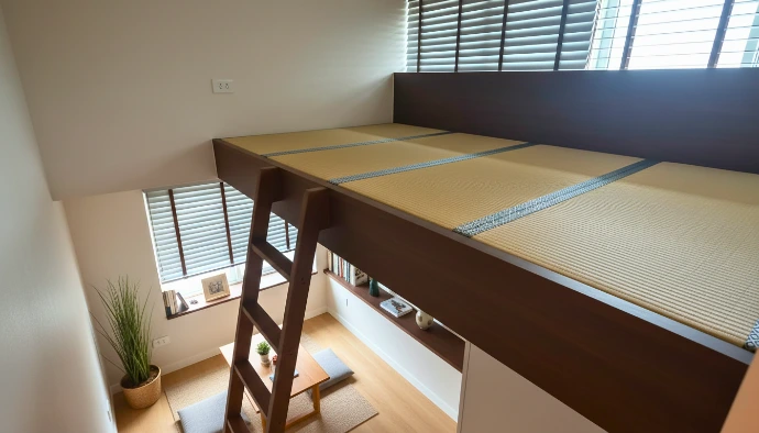 Custom-built mezzanine loft with wall-to-wall natural Japanese Tatami mats and workspace below.