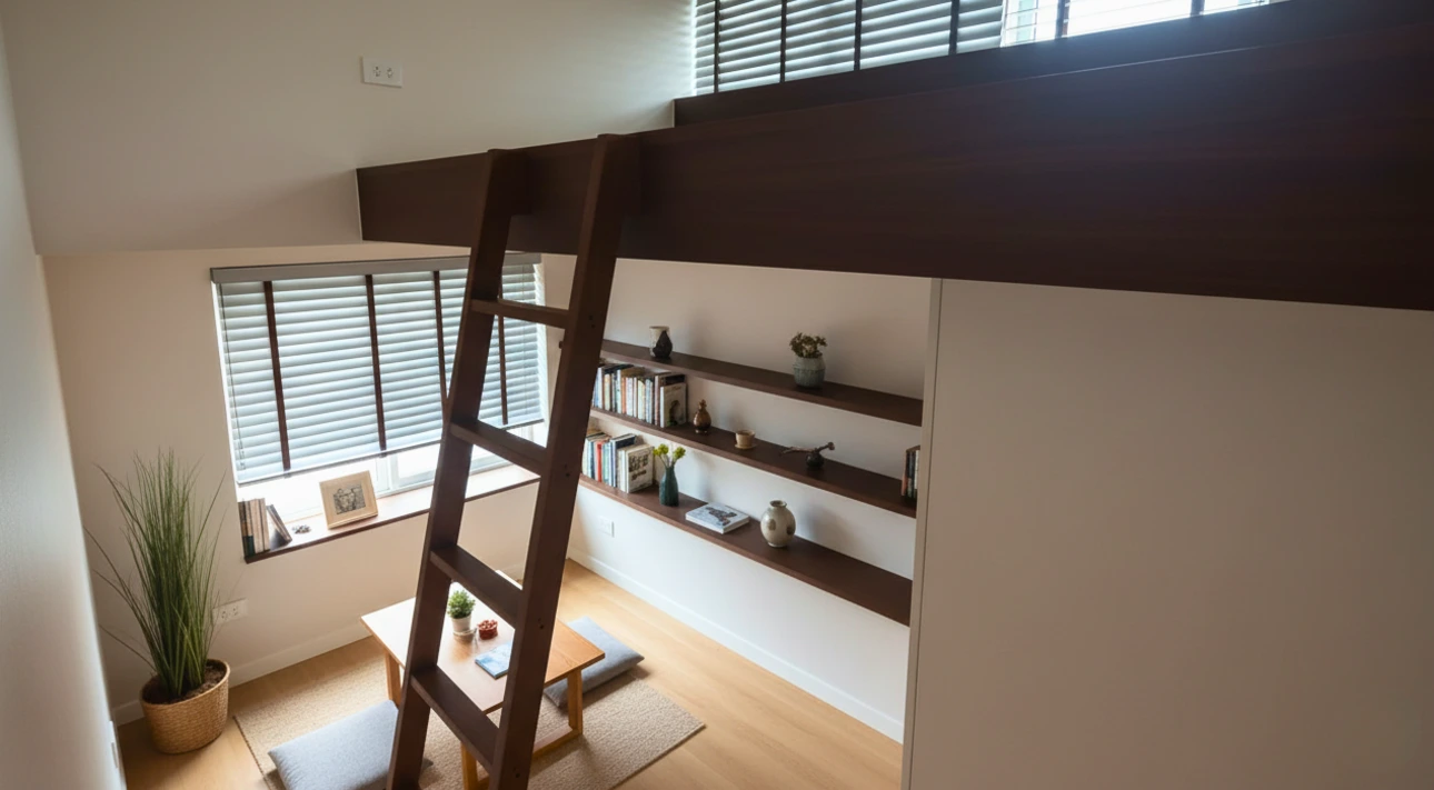 Minimalist Japandi home office located under a custom timber sleeping platform.
